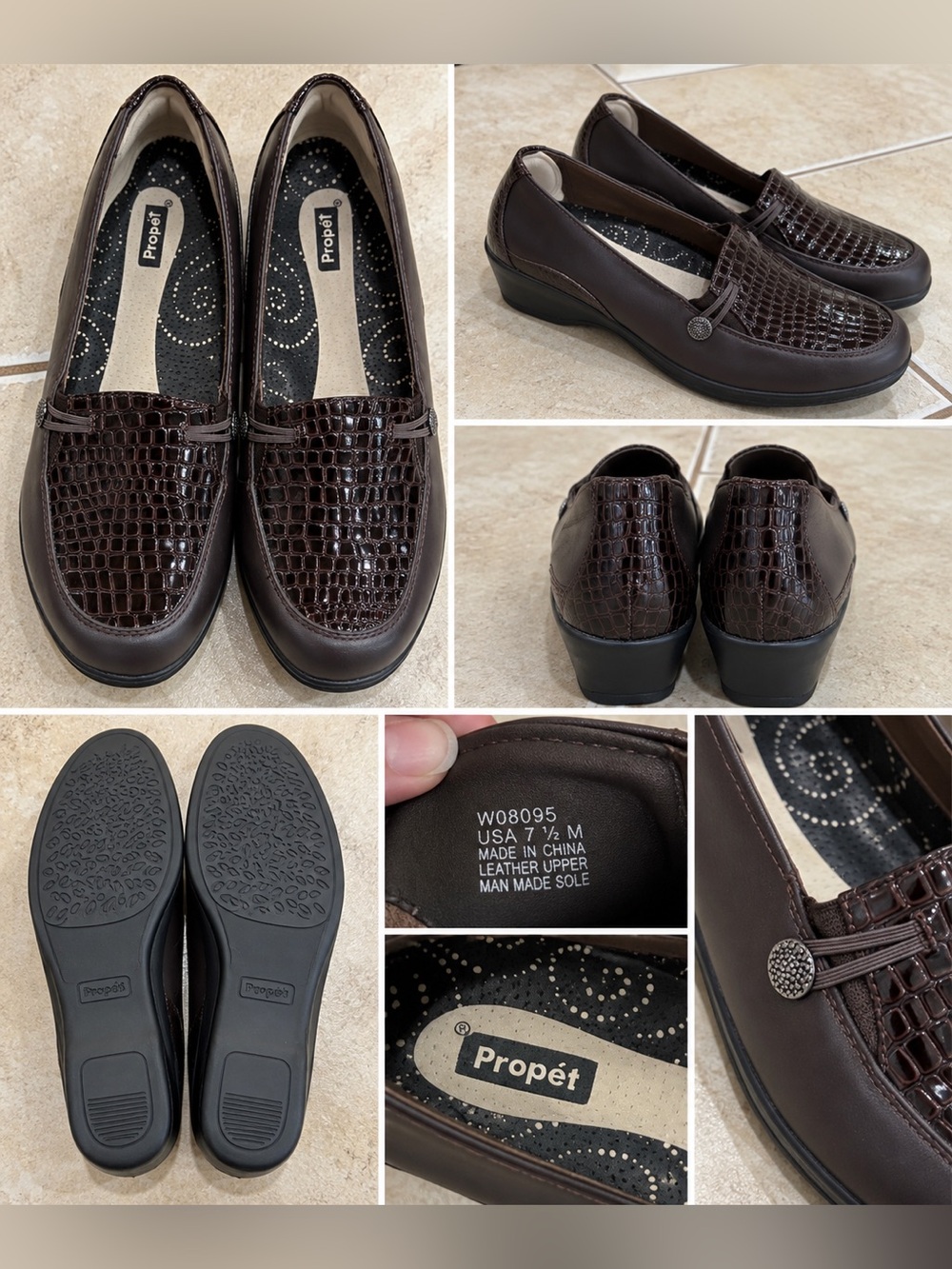 Propet Women's Dark Brown Croc-Embossed Leather Slip-Ons
